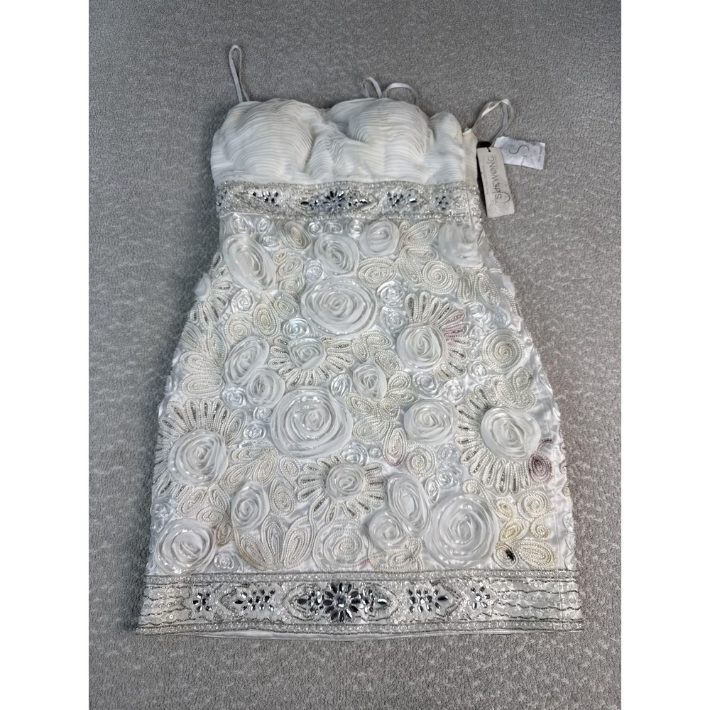Sue Wong Dress Womens 10 White Beaded Rosette Sheath Sweetheart Short Cocktail